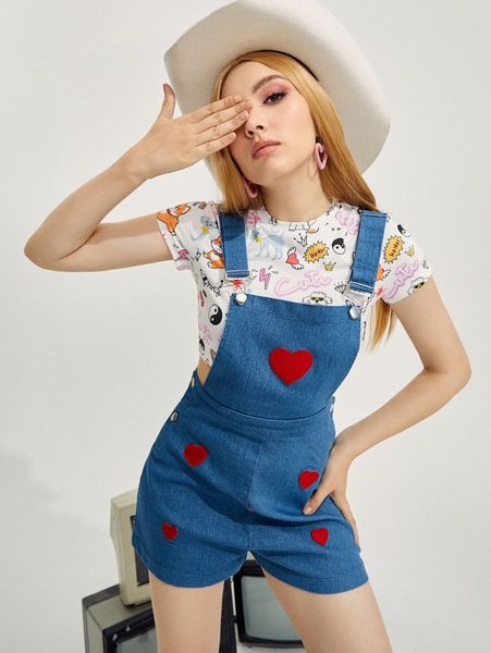 

heart patched detail overall romper 00ag#, White