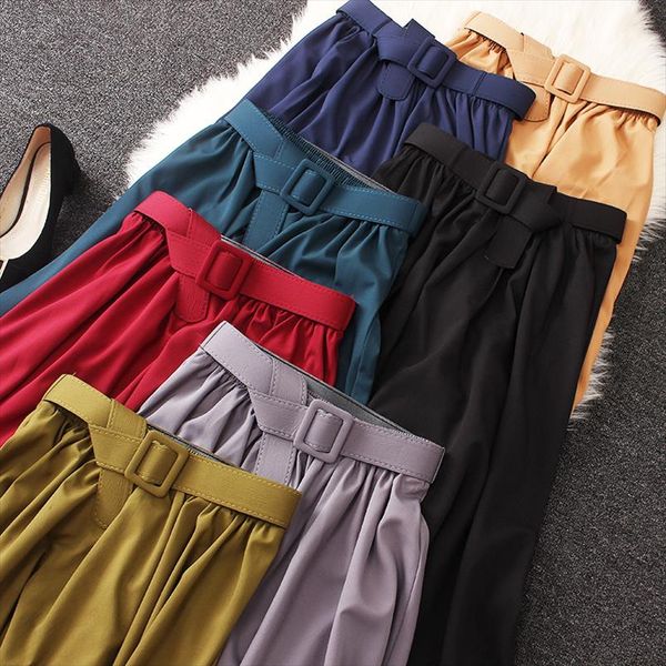 

elegant summer women skirt with belt 2020 summer classic a word skirt thin solid color skirt high waist loose midi, Black