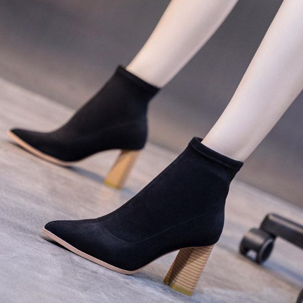 

boots black high heels women's 2021 autumn single thick heel wild net red stretch women short botas de mujer