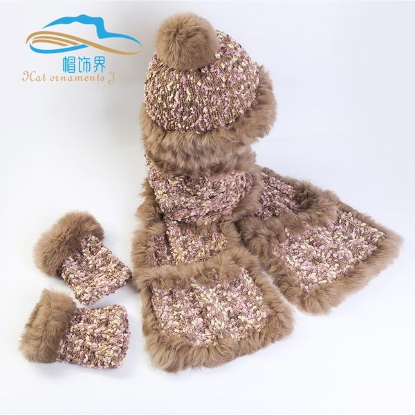 

2020 new autumn and winter hat scarf gloves three-piece rabbit hair hat wool warm leisure, Blue;gray