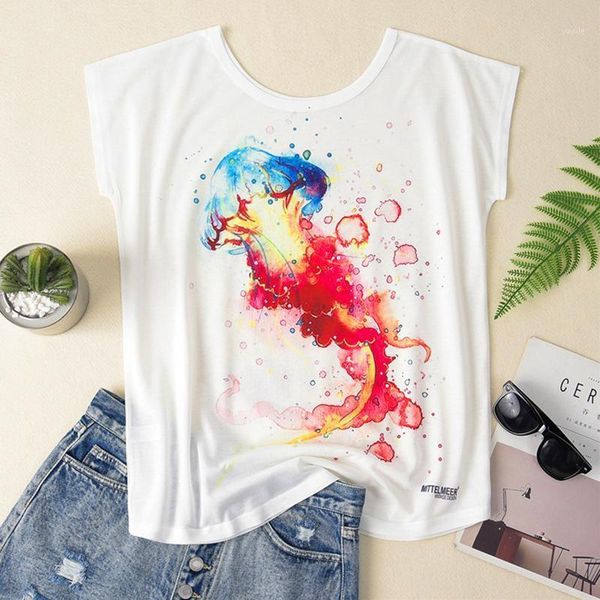 

summer women creative colorful jellyfish print loose t-shirts harajuku female short sleeved t shirt casual all match tee1, White