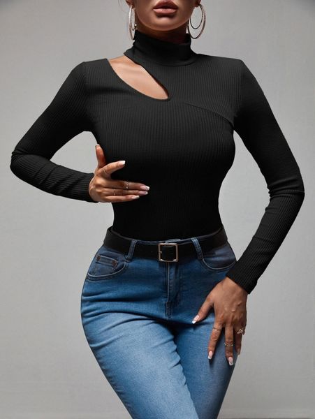 

sxy turtleneck cut out ribbed knit tee n52q#, White