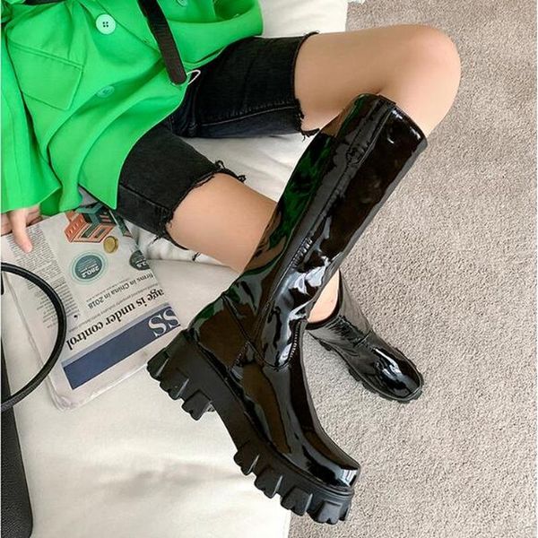 

boots women knee high plus size mid heels shiny patent leather shoes woman warm shoe chaussures femme zapatos mujer sapato nh002, Black