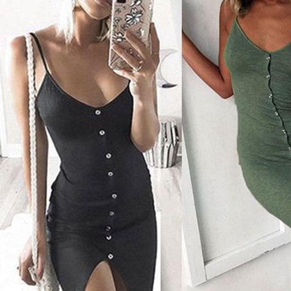

summer fashion women solid spaghetti straps backless v neck sleeveless slit button slim and fit strappy casual dress, Black;gray
