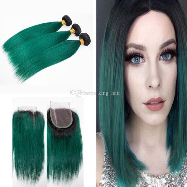 

dark roots 1b green human hair bundles 3pcs with lace closure dark green straight hair weaves with closure middle part, Black