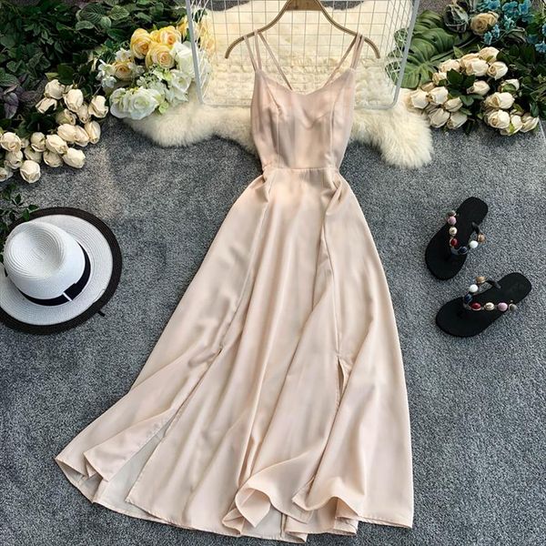 

summer 2021 vintage beige black purple midi dress elegant v neck sleeveless spaghetti strap dress beach backless slim vestidos, Black;gray