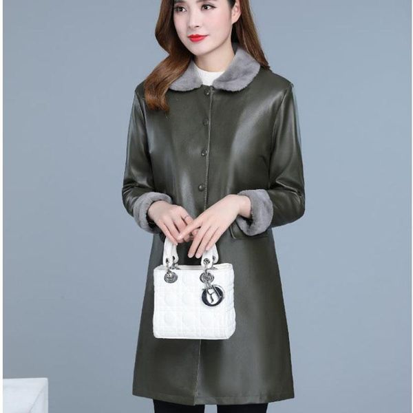 

middle-aged women leather jacket windbreaker plus velvet jackets autumn winter thick mid-long leather coats plus size 5xl, Black