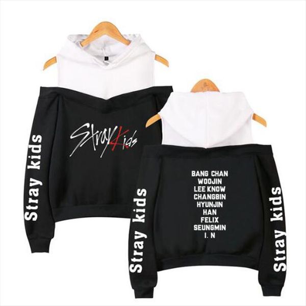 

korean fashion kpop stray kids hoodie women long sleeve off shoulder hooded sweatshirts harajuku tracksuit streetwear clothes, Black