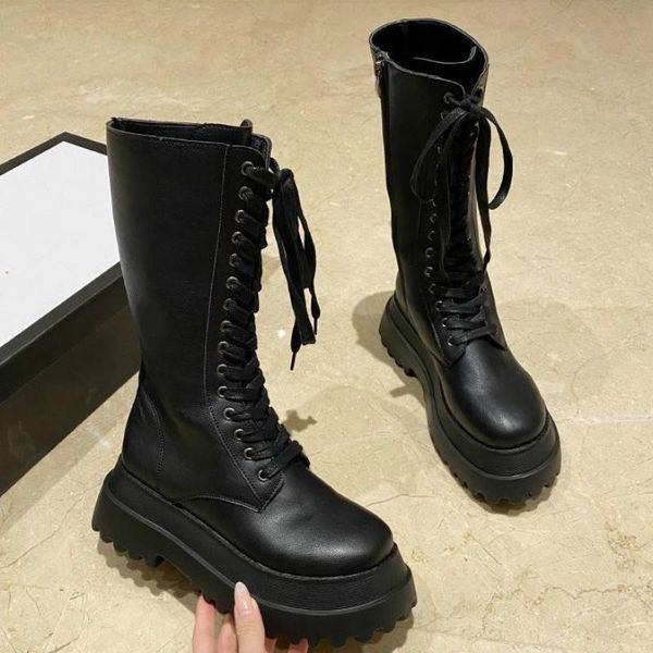

winter boots women knee high long boots split leather fashion lace-up ankle non-slip black shoes woman 2020 new