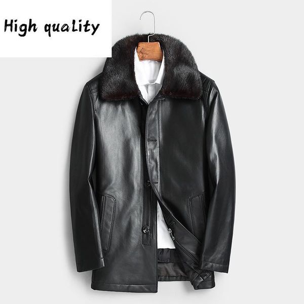 

coat sheepskin men's winter genuine leather down jacket men collar jaqueta de couro 2021 18081, Black