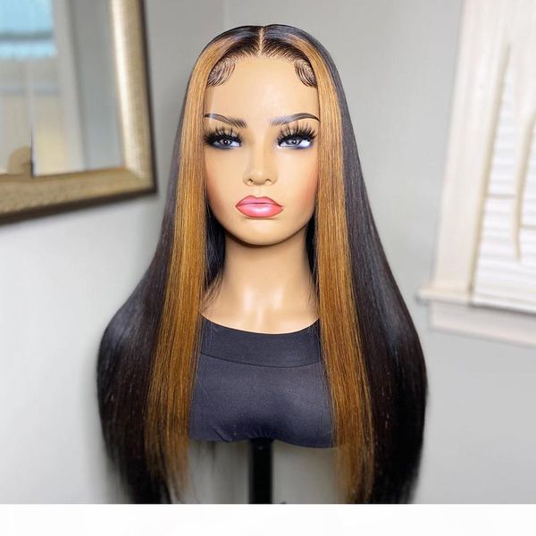 

4x4 lace closure wig m straight wig ombre highlight 150% lace front human hair wigs for black women brazilian remy hair, Black;brown