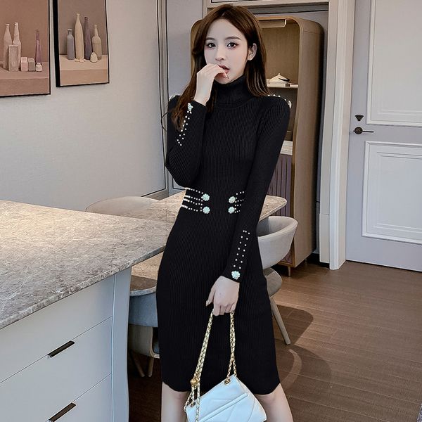 

korean style nightgown turtleneck dress in a girly backdrop sweater button ladies'bathrobe long femme amyf, Black;gray
