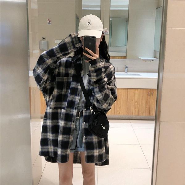 

women's blouses & shirts simple college style plaid shirt retro female blouse hong kong flavor loose korean leisure thin long harajuku, White