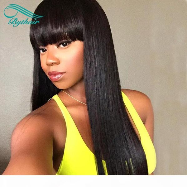 

silky straight lace front human hair wigs with bangs virgin brazilian full lace wigs bangs pre plucked for black women with baby hair, Black;brown