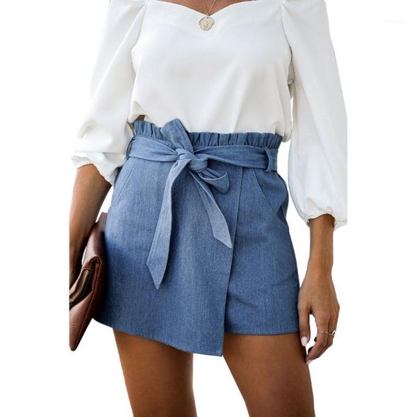 

women summer shorts skirts high waist a-line skirt female fashion irregular straight leg culottes ruffles pocket denim shorts1, White;black