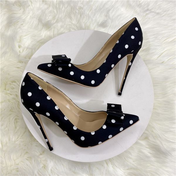 

fashion women pumps black satin bow point toe high heels thin heel 12cm 10cm 8cm real leather