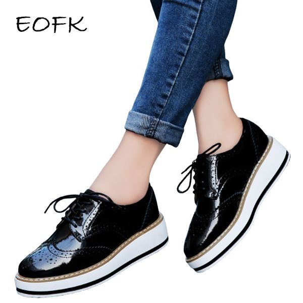 

eofk spring autumn women platform flats woman brogue derby leather lace up classic bullock footwear female oxford shoes lady, Black;red