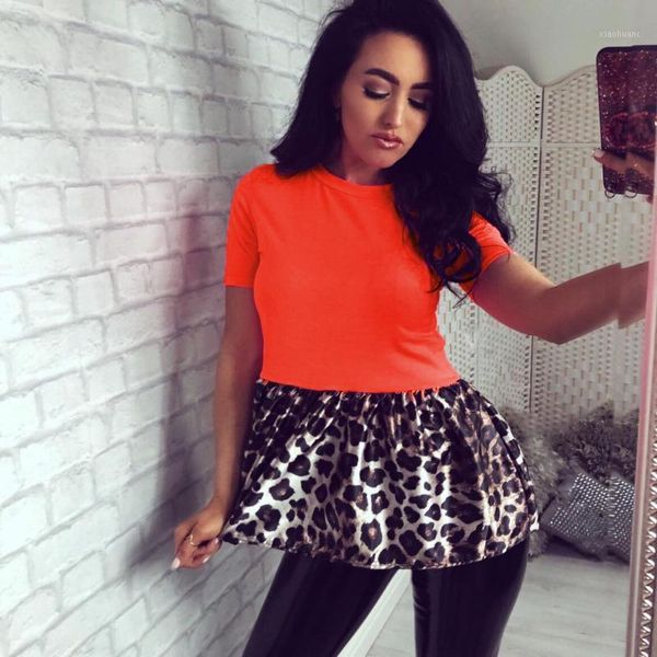 

fashion new women girl summer o neck short sleeve leopard print stitching little swing pleated t-shirt casual tee shirt1, White