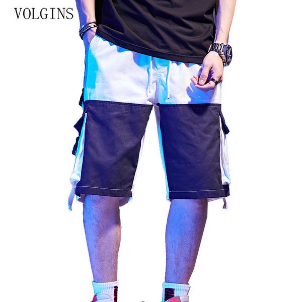 

streetwear summer cargo men cotton hip hop casual short trousers ribbons design male homme shorts multi-pocket patchwork