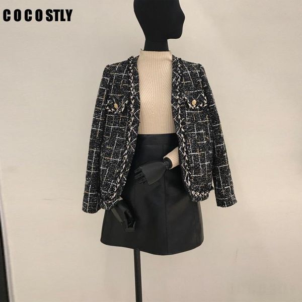 

new womens black tweed jackets plaid coats autumn small fragrance long sleeve elegant tassel jackets open stitch coats outerwear, Black;brown