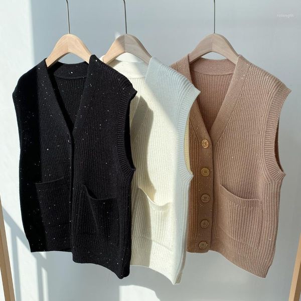 

women sweater 2020 new v-neck sequin stitching double pocket vest vest women knitted loose autumn sweater1, White