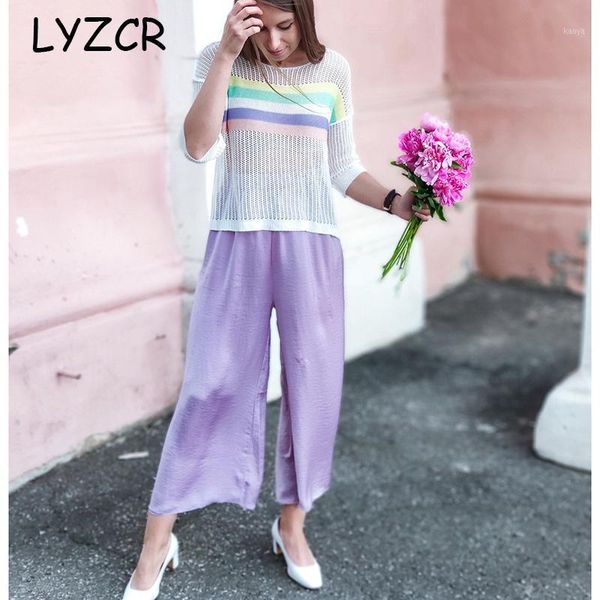 

lyzcr summer loose silk women pants wide leg high waist stain wide leg pants for women ankle female elastic waist trousers1, Black;white