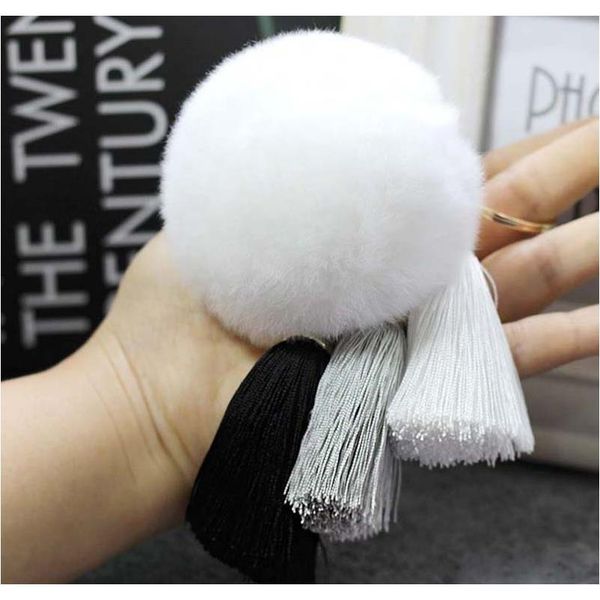 

fashion 12 colors rabbit fur cony hair ball pompom charm thrice tassel pendant keychain for women car key ring handbag accessory f sqcvld, Silver