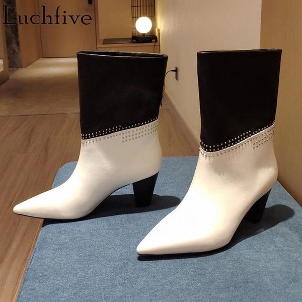 

boots studded rivets women's spike heels party shoes pointy toe femme slip on white leather for women, Black