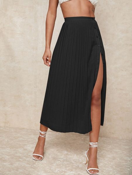 

high waist button front pleated skirt j4zm#, Black