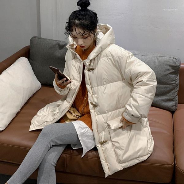 

women's down & parkas 2021 winter korean fashion thick jacket women hooded warm horn button 90% white duck loose outwear1, Black