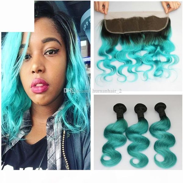 

1b green lace frontal with bundles cosplay hair teal color ombre lace frontal with bundles 4pcs lot green hair bundles with lace frontal, Black;brown