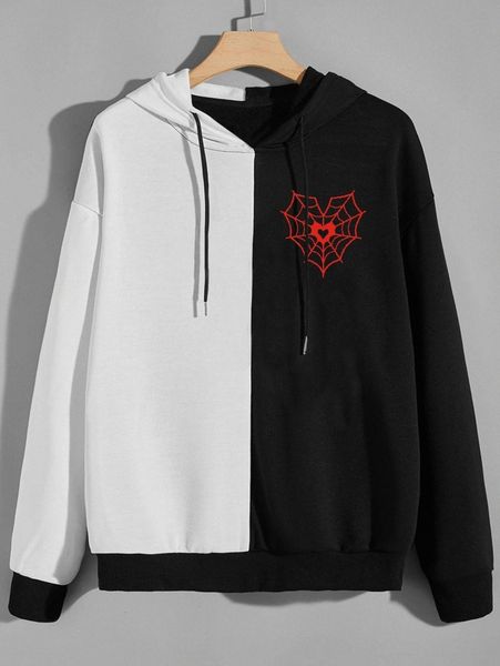

romwe guys cobweb graphic colorblock drawstring hoodie c3fu#, Black
