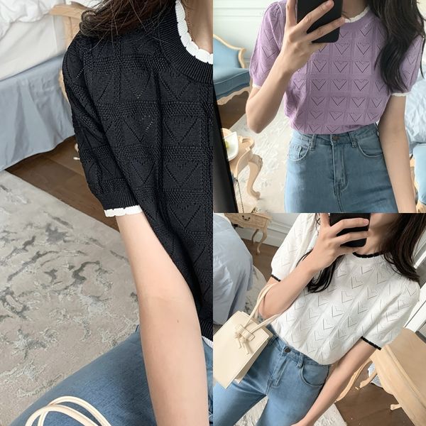 

diwl7 korean love hollowed out with sleeve knitted for women short knitwear matching tknitted shirt summer round neck and color knitwear t-s, White