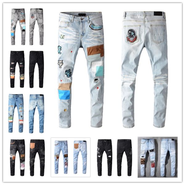 

2021 mens fashion ny straight slim ripped jean elastic casual motorcycle biker stretch denim trouser classic jeans size 28-40, Blue