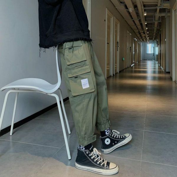 

prowow 2021 spring fall new men's multiple pockets overalls trendy wild casual pants loose men's pants korean trend, Black