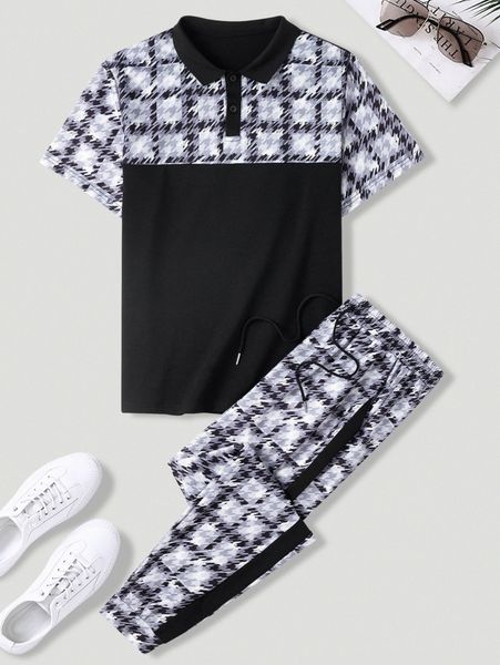 

men houndstooth print polo shirt & drawstring waist sweatpants a2mz#, Gray