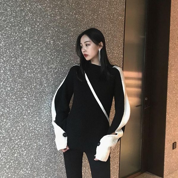 

women's sweaters women warm thick elasticity sweater black&white color blocking long sleeve hollow-out cuff elegant pullover knitted j, White;black