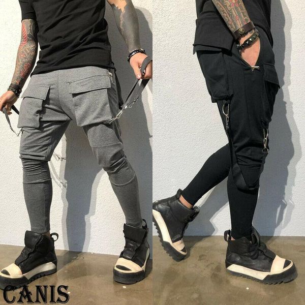 

men`s fashion gym cargo combat trousers solid color tracksuit bottoms skinny joggers sweat track pants, Black