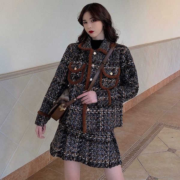 

new loose woollen nylon coat + tweed skirt two piece fashion suit for women in autumn and winter 2020