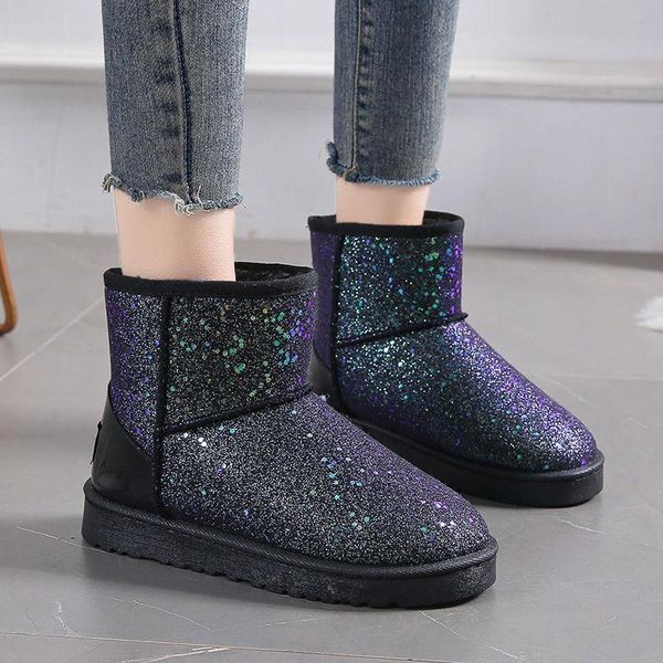 

warm women snow boots autumn and winter new female winter boots sequined round toe women flat, Black