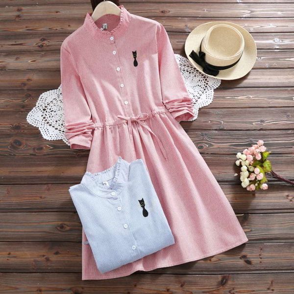 

college spring new sennv cat embroidered lace up waist dress, Black;gray