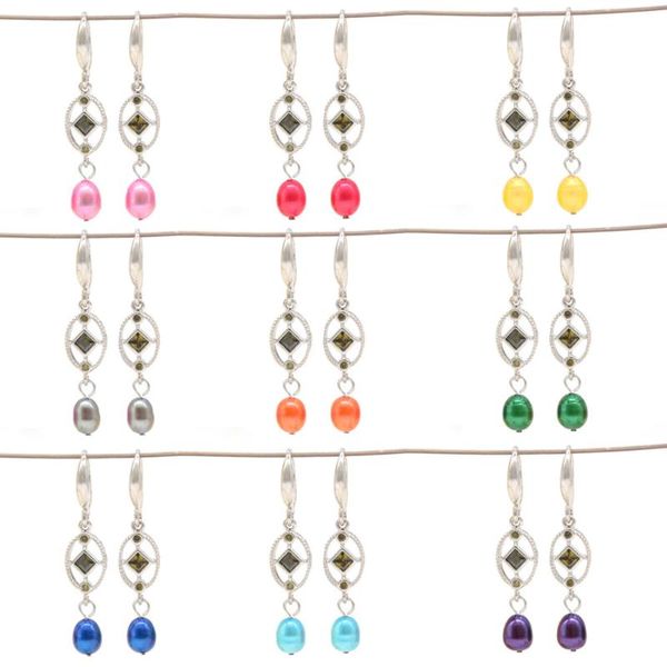 

real 7-8mm freshwater oval rice pearl drop earrings fashion green crystal women party jewelry wholesale pe004, Silver