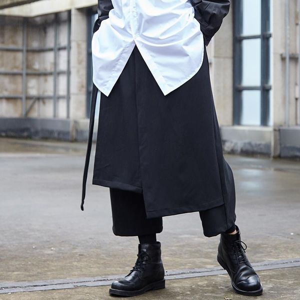 

men's nine minute trousers spring and summer new loose yamamoto style men's and women's skirt trousers fake 2 pieces, Black