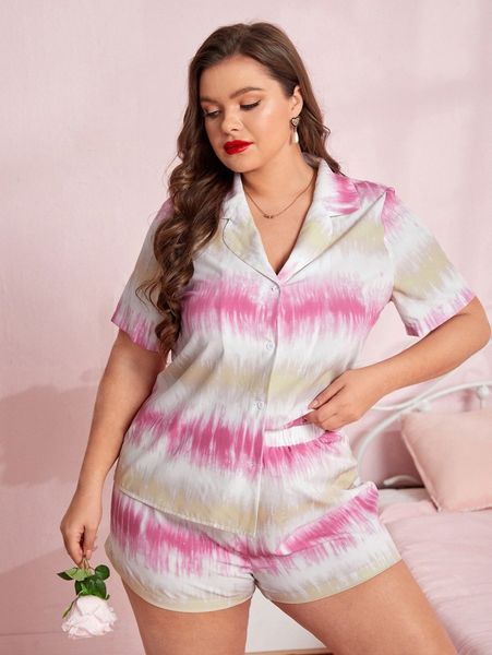 

plus lapel neck tie dye print & shorts pj set 67yj#, Black;white