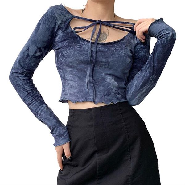 

woman cotton tie dye short base shirt, round neck long sleeve falbala bare midriff, lace up halter fashionable retro slim top, White