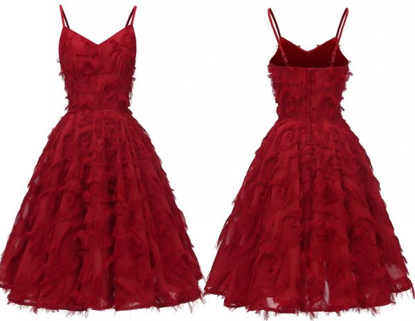 

new burgundy/pink/white evening dresses v-neck straps ruffles backless knee length bridal gowns 2021 prom party dress robe de soriee, Black;red