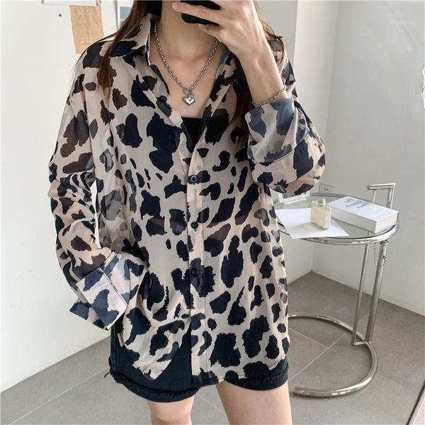 

vintage blouse long sleeve leopard print blouse turn down collar office shirt tunic casual loose thin section blusas 20201, White