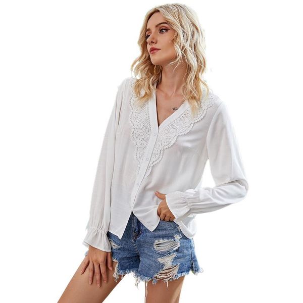 

white womens and blouses 2020 autumn new women solid color v-neck button cardigan shirt puff sleeve office ladies