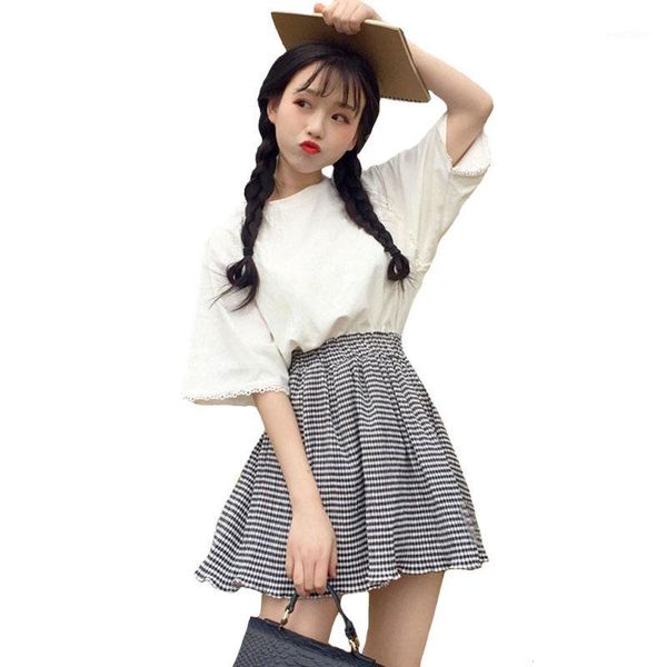 

2020summer women fashion 2pieces suit girls lace t shirt&skirt sets spring two pieces set gingham checkerboard mini skirt set1, White