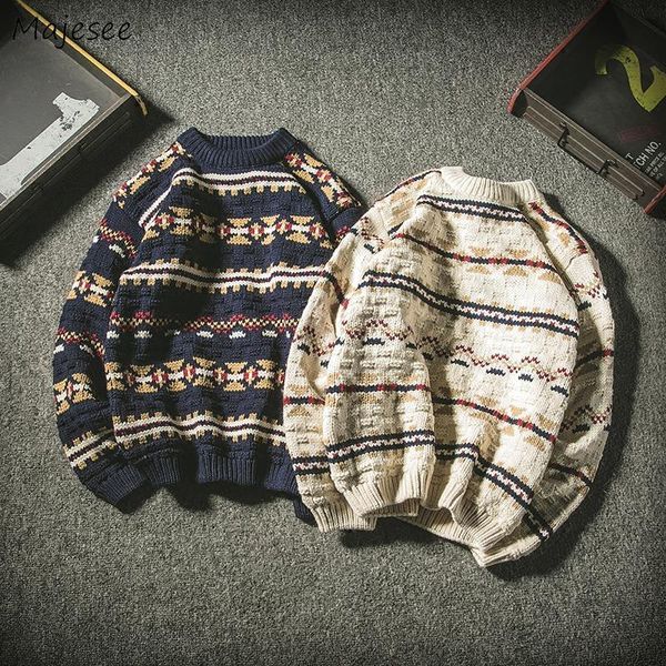 

pullovers men autumn folk-style geometric retro knitted leisure loose sweaters ins chic teens korean style mens clothing ulzzang, White;black
